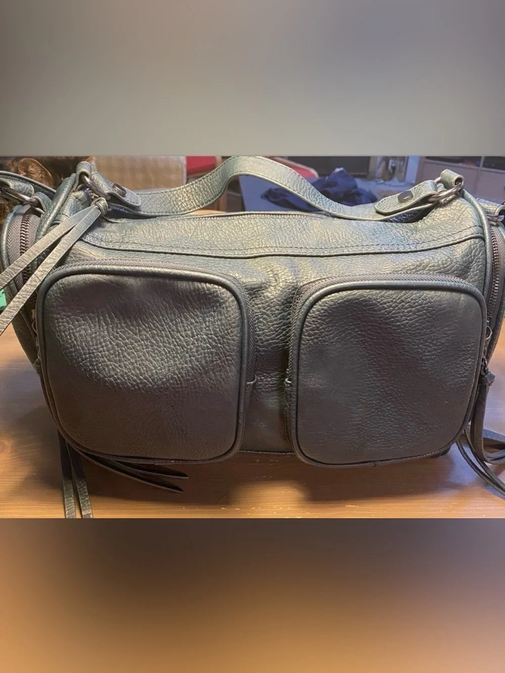 BCBGeneration Mini Duffel Bag Satchel Crossbody Green Grey Multi Pocket